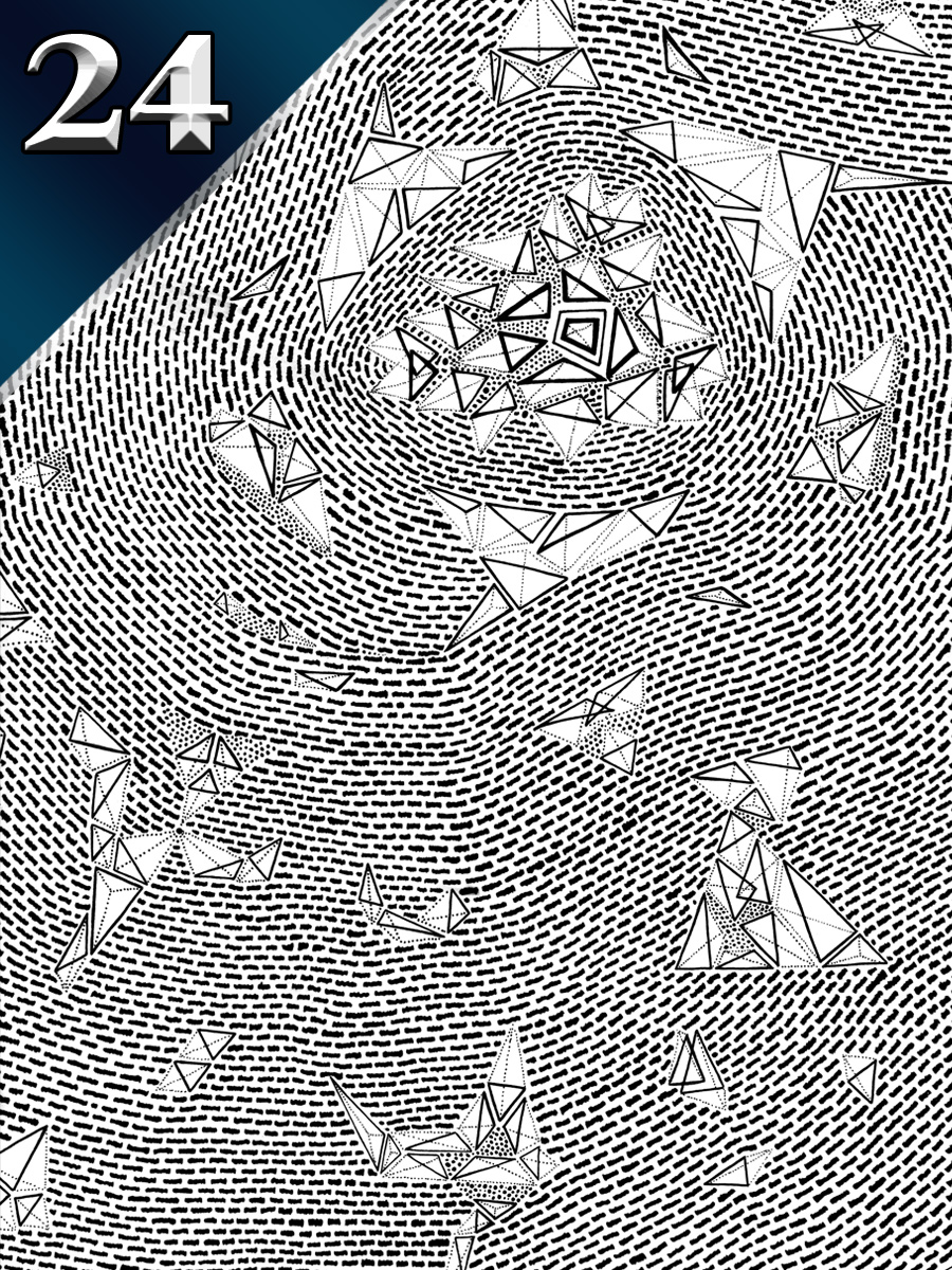 Complexity: Curio Card 24 with a swirling field of ink-drawn triangles