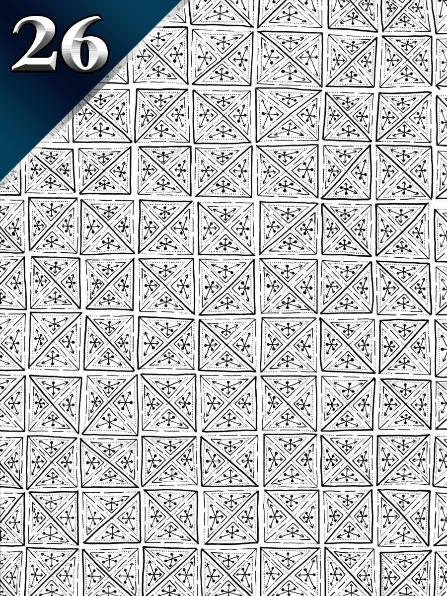Education: Curio Card 26 with a geometric grid of ink-drawn squares and triangles